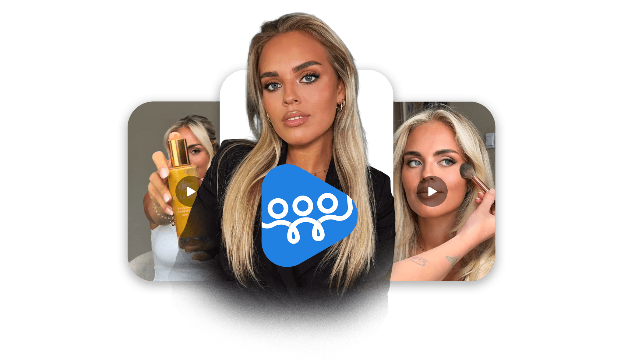 Vrouw met lang blond haar en zwarte jas, houdt een fles vast en brengt make-up aan, logo in het midden over de foto geplaatst.